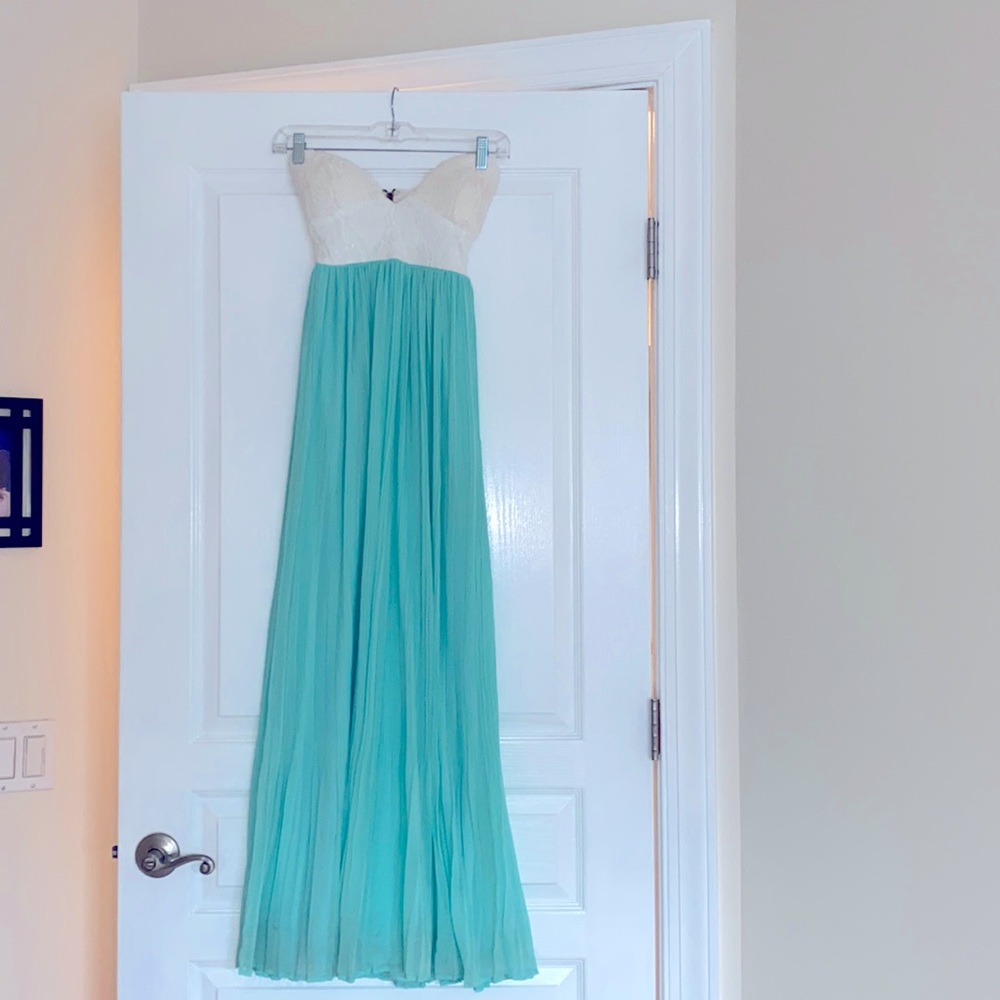 White and Teal Strapless Dress